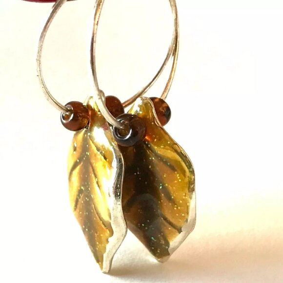 Gold Leaf Earrings Fall Thanksgiving Autumn Tree Leaves Halloween Harvest Plated - Picture 4 of 10